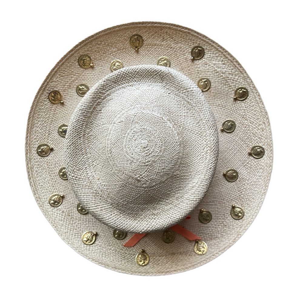 VINTAGE 60s Therese Ahrens Ecuador Straw Sun Hat Gold Coin Statement - Picture 8 of 14